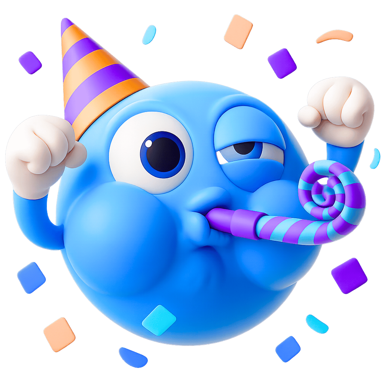 Fun Partying Blue Emoji with Hat and Confetti